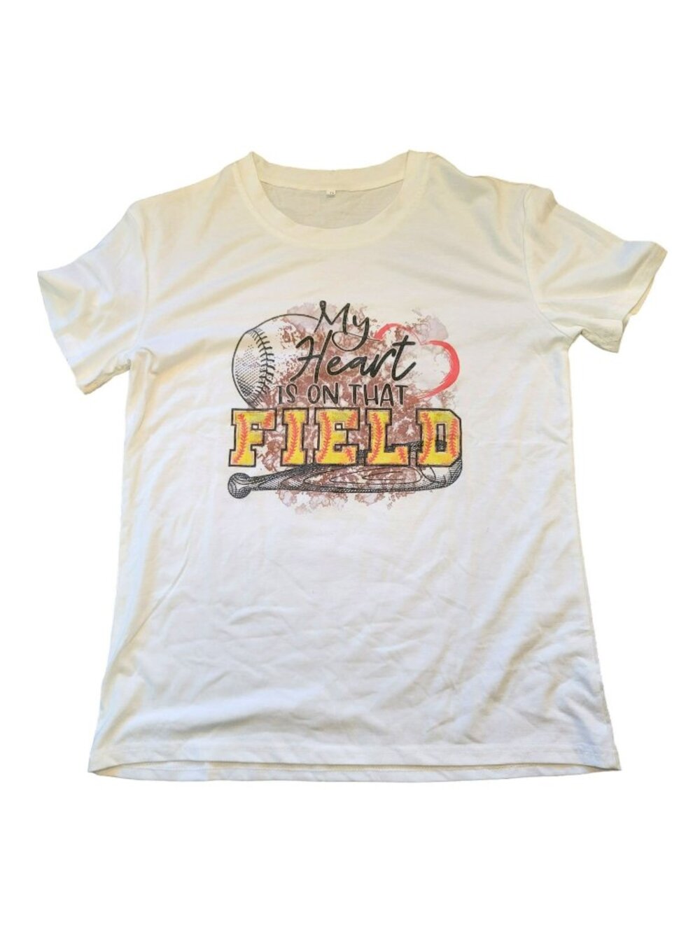 Baseball Mom T-shirt My Heart is On the Field White Graphic Tee Size S Jj3403
